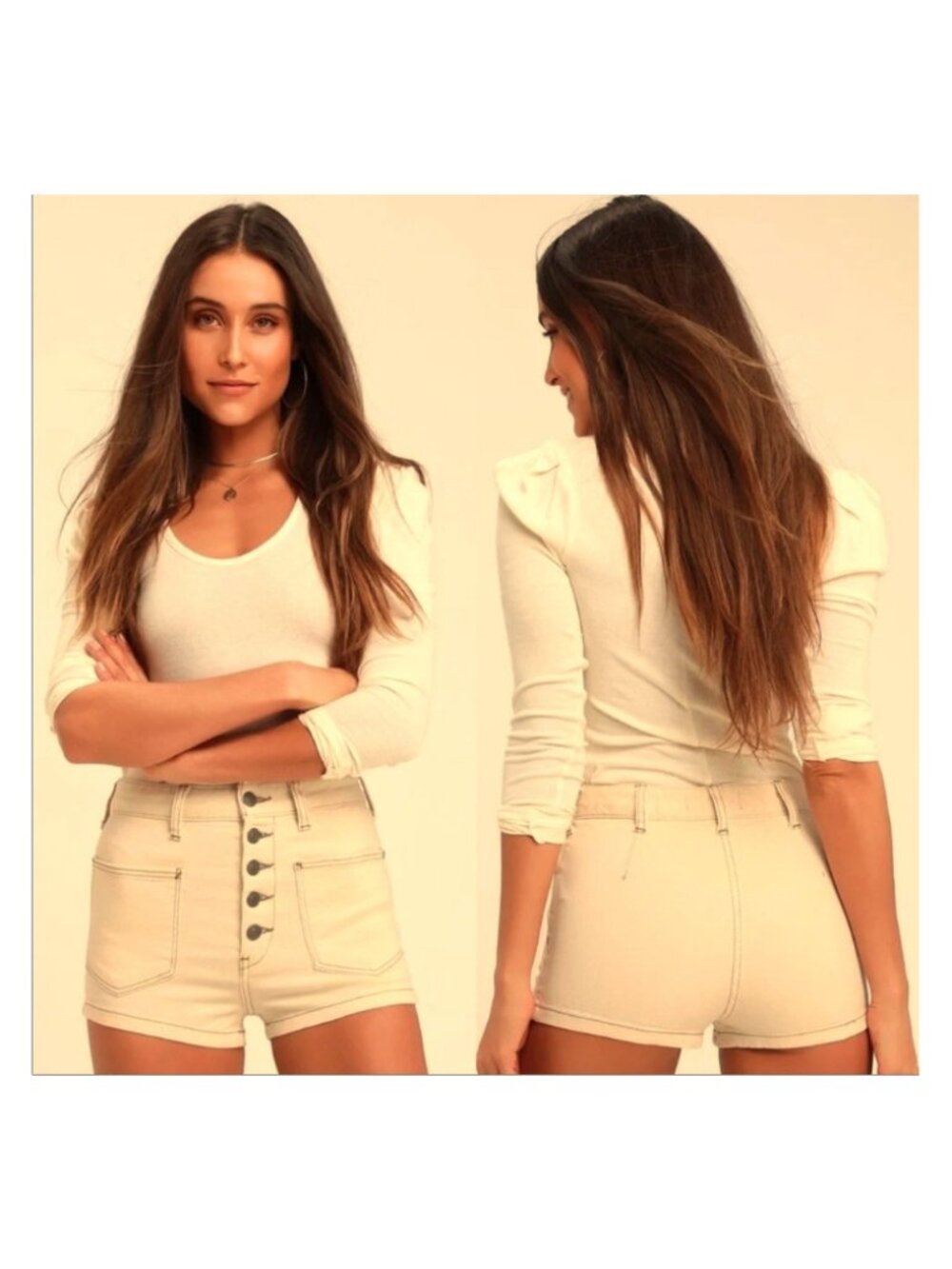 Free People Bridgette Button-Fly Denim Shorts Size-25 Cream